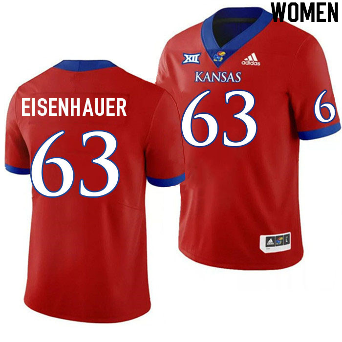 Women #63 Jake Eisenhauer Kansas Jayhawks College Football Jerseys Stitched Sale-Red - Click Image to Close